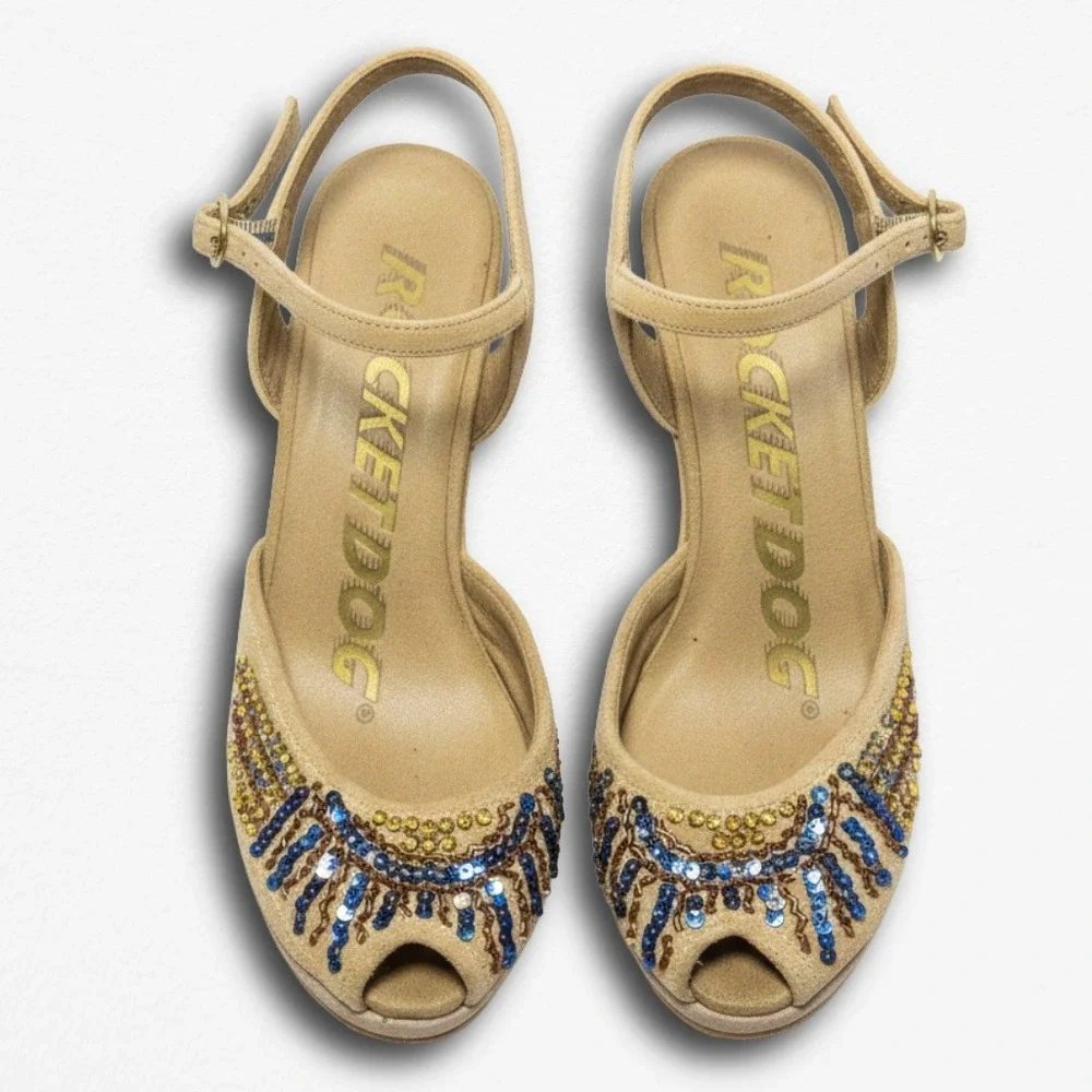 Rocket‎ Dog Glitzy Tan Beaded Sequin Wedge Sandals Peep Toe Ankle Strap Womens 6